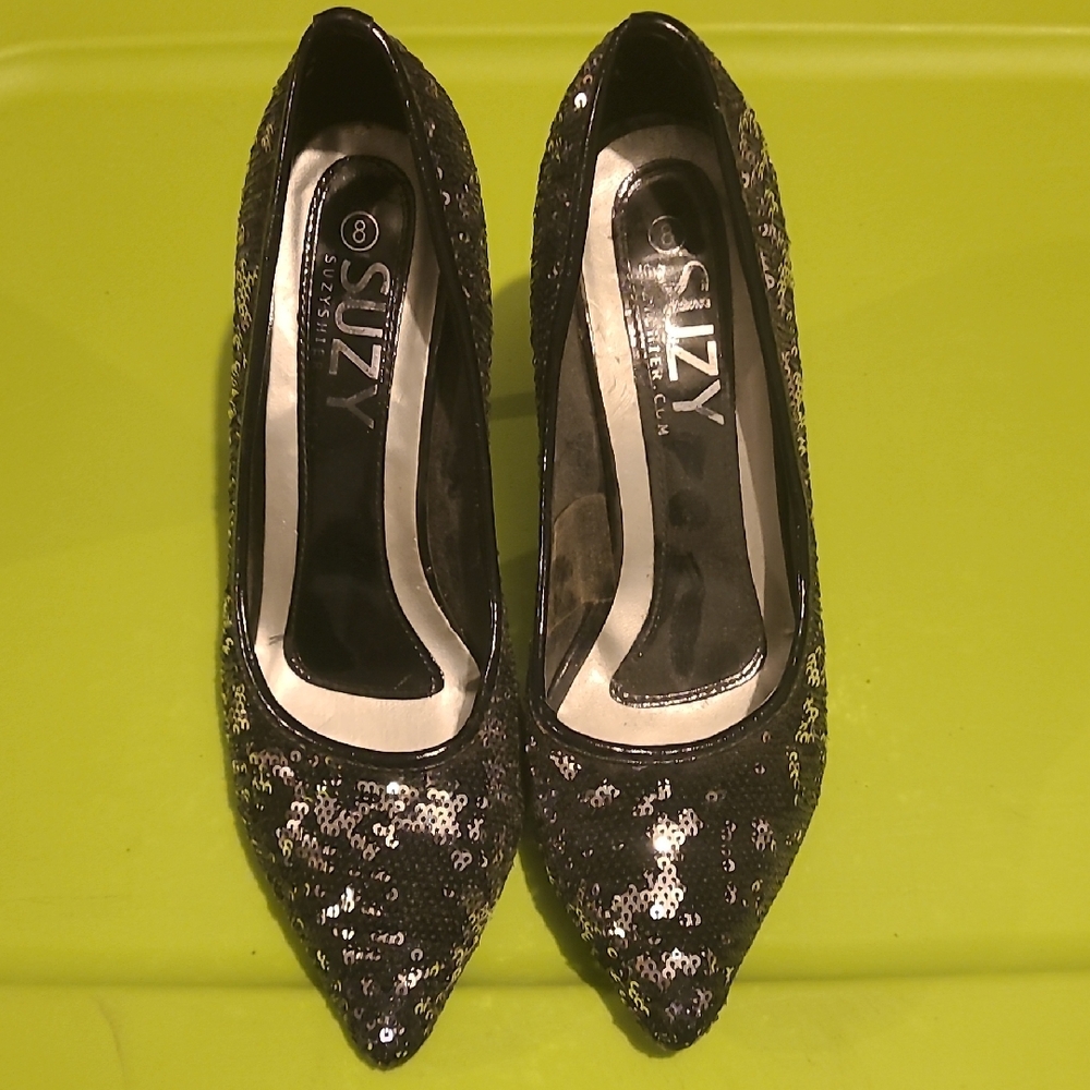 Black And Silver Sequin High Heel Pumps